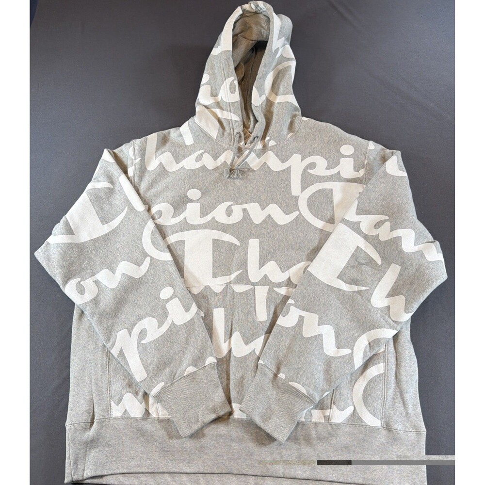 Vintage Champion Reverse Weave Hoodie Adult Mens XL Gray White All Over Print